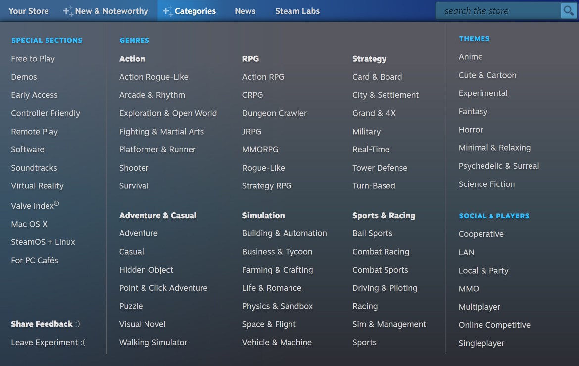 Steam :: Steam Labs :: Эксперимент 010: категории в Steam