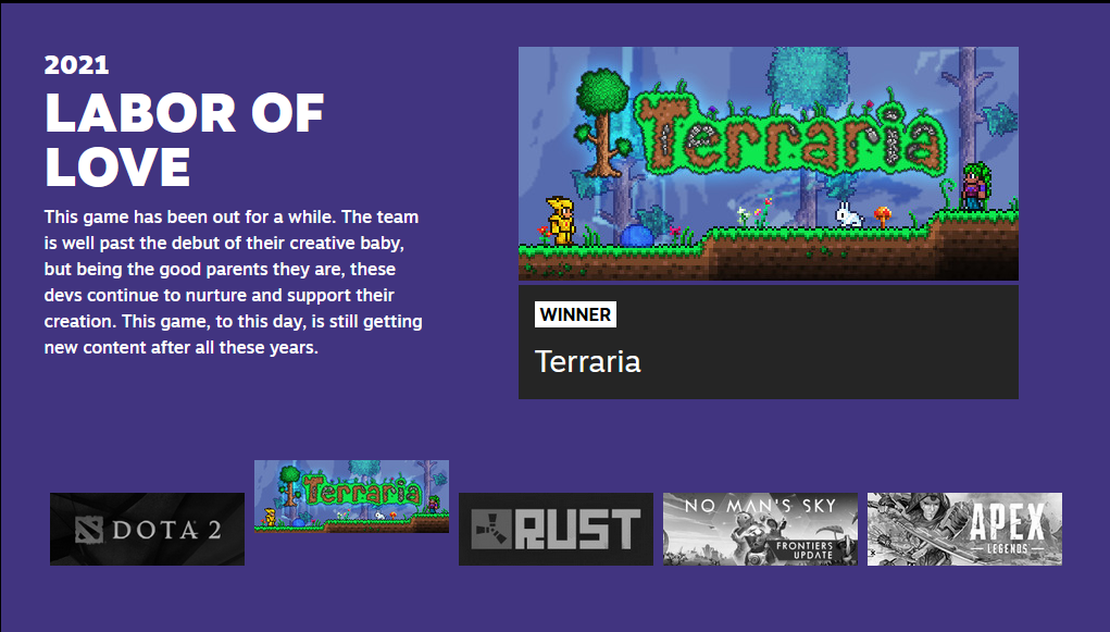 Steam :: Terraria :: Terraria Wins the 2021 Labor of Love Steam Award!