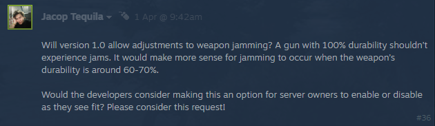 SCUM community question about gun jamming mechanics and developer response