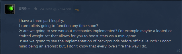 SCUM feedback response addressing outhouses and workout mechanics suggestions from the community