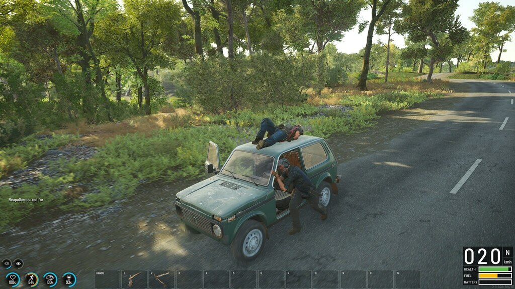 SCUM players interacting with the dog companion Laika