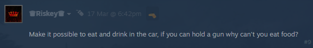 SCUM drinking and driving feature response visual showing developer consideration of this mechanic