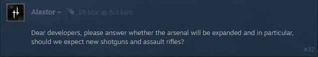 SCUM weapon arsenal expansion response visual showing developer confirmation of future weapon additions