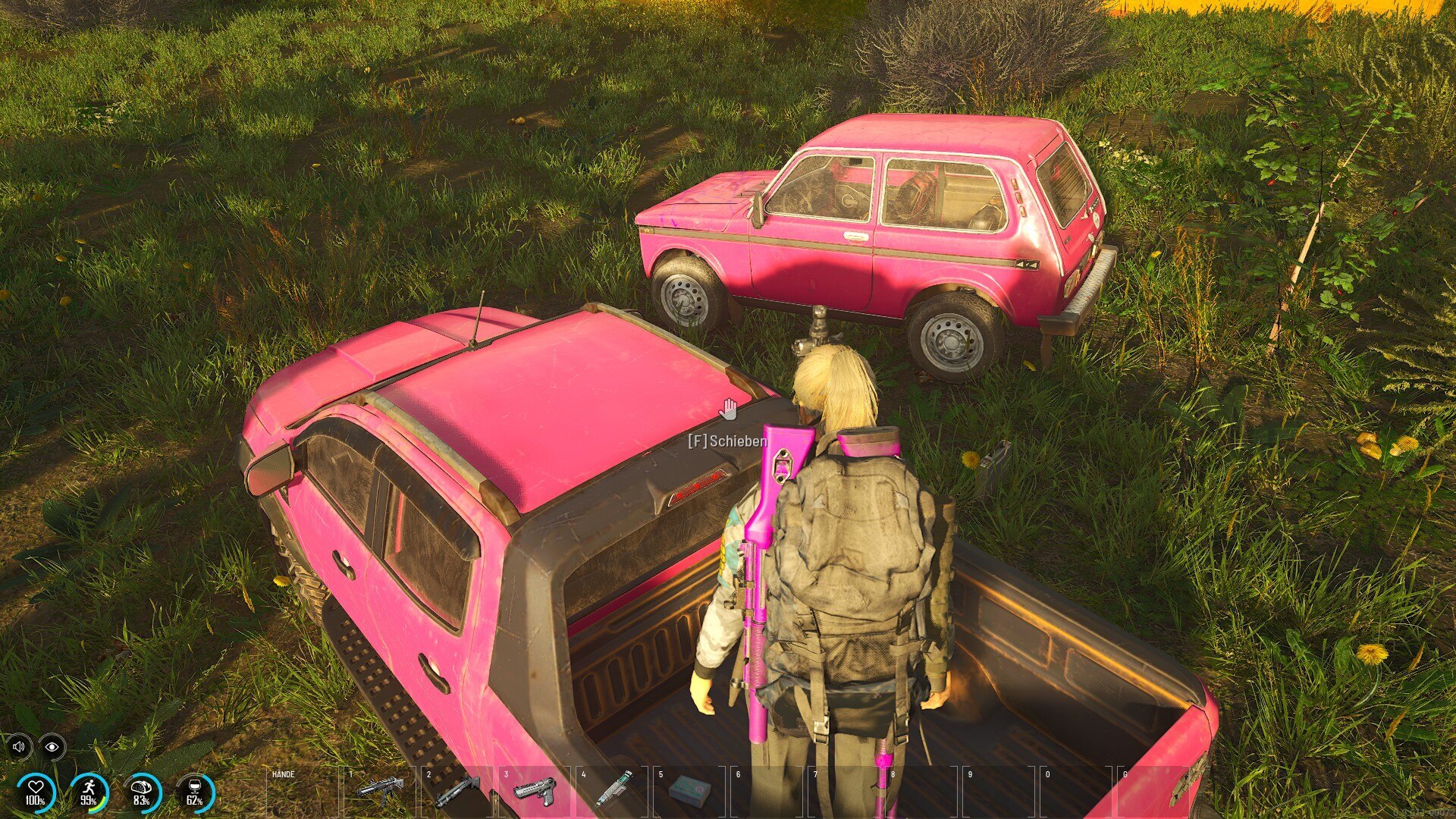 Female SCUM character posing with Barbie Girl parody caption in survival game