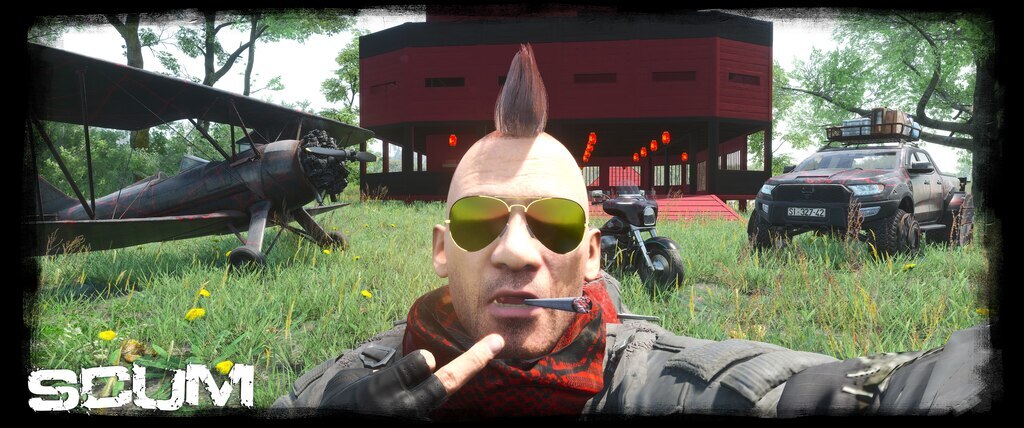 SCUM player selfie compared to Travis Bickle in the prison island game