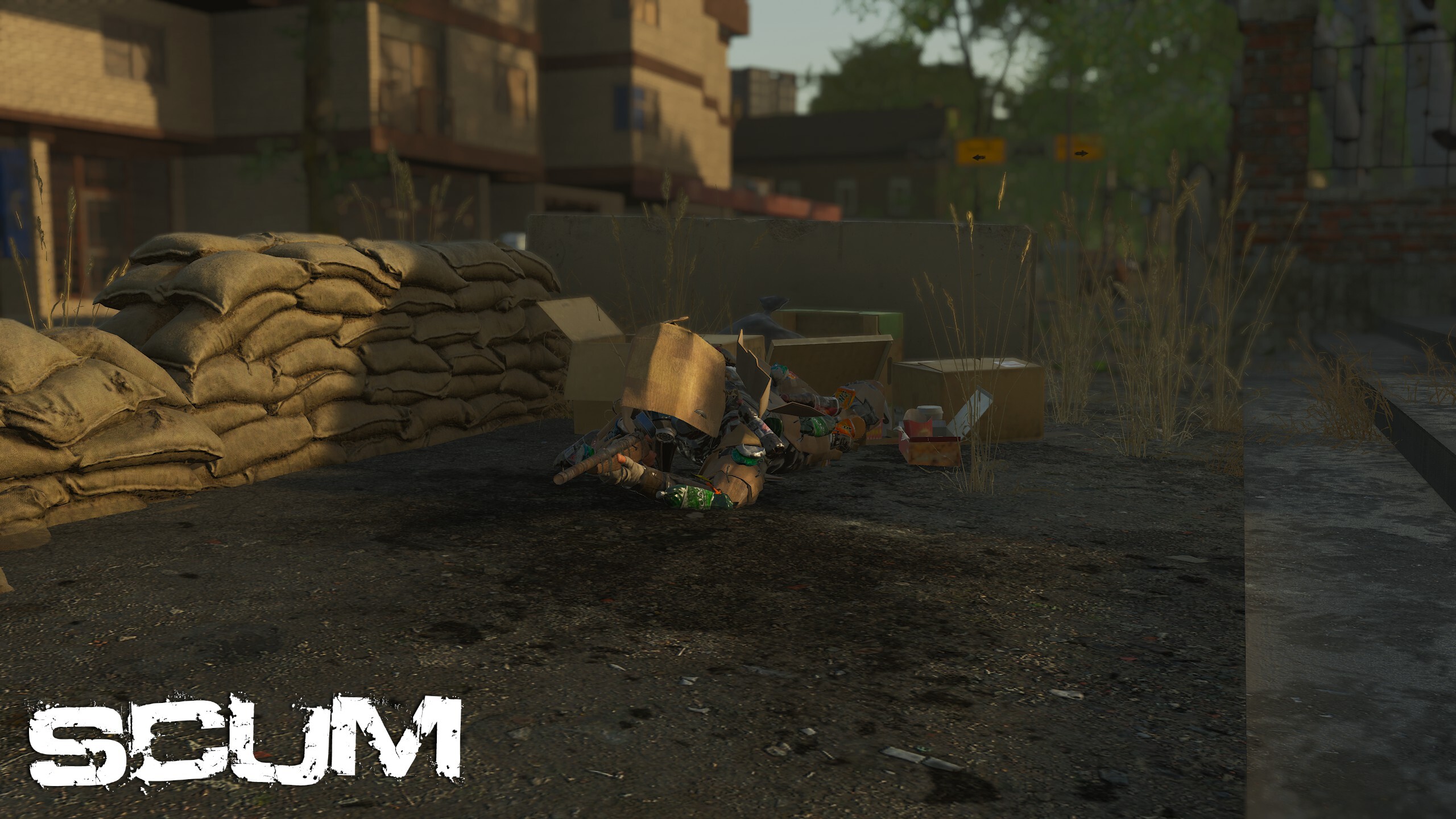 SCUM Trash ghillie suit in-game screenshot showing player camouflaged in urban environment