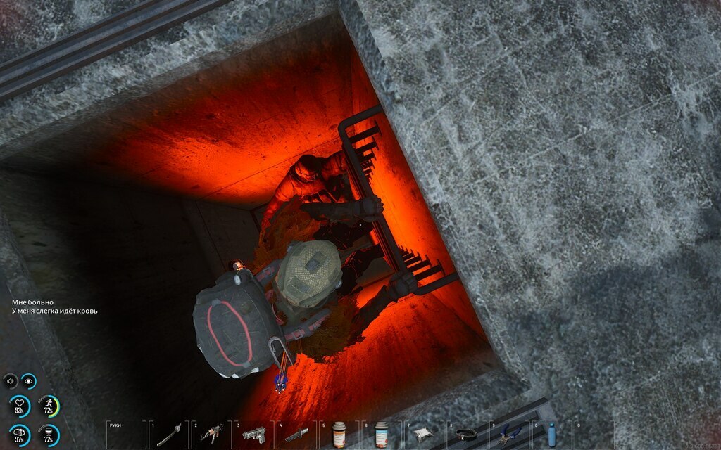 SCUM players descending into an underground area resembling hell