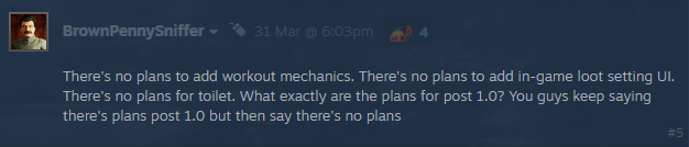 SCUM community question about post-1.0 development plans and developer response
