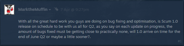 SCUM developer confirmation of Q2 2023 release date for version 1.0