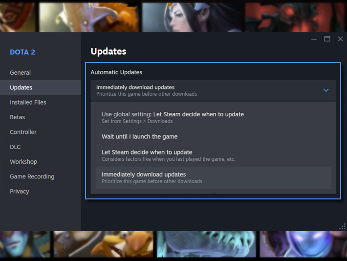 Steamのゲームのプロパティのアップデート画面。自動アップデートの4つの選択肢