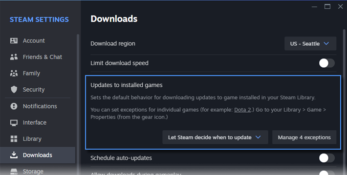 Steamの設定のダウンロード画面。インストール済みゲームの更新の全体設定と例外の管理ボタン