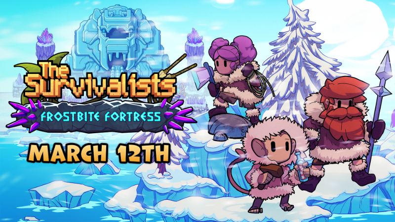 The Survivalists' Frostbite Fortress DLC arrives on March 12th! 🐵❄️