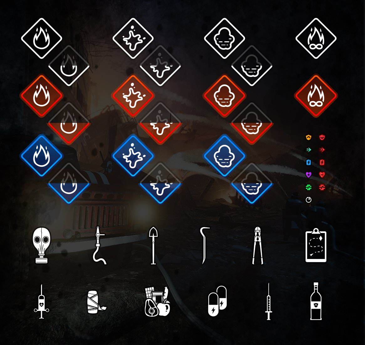 Small icons on the right side of the screen (top to bottom): damage ...