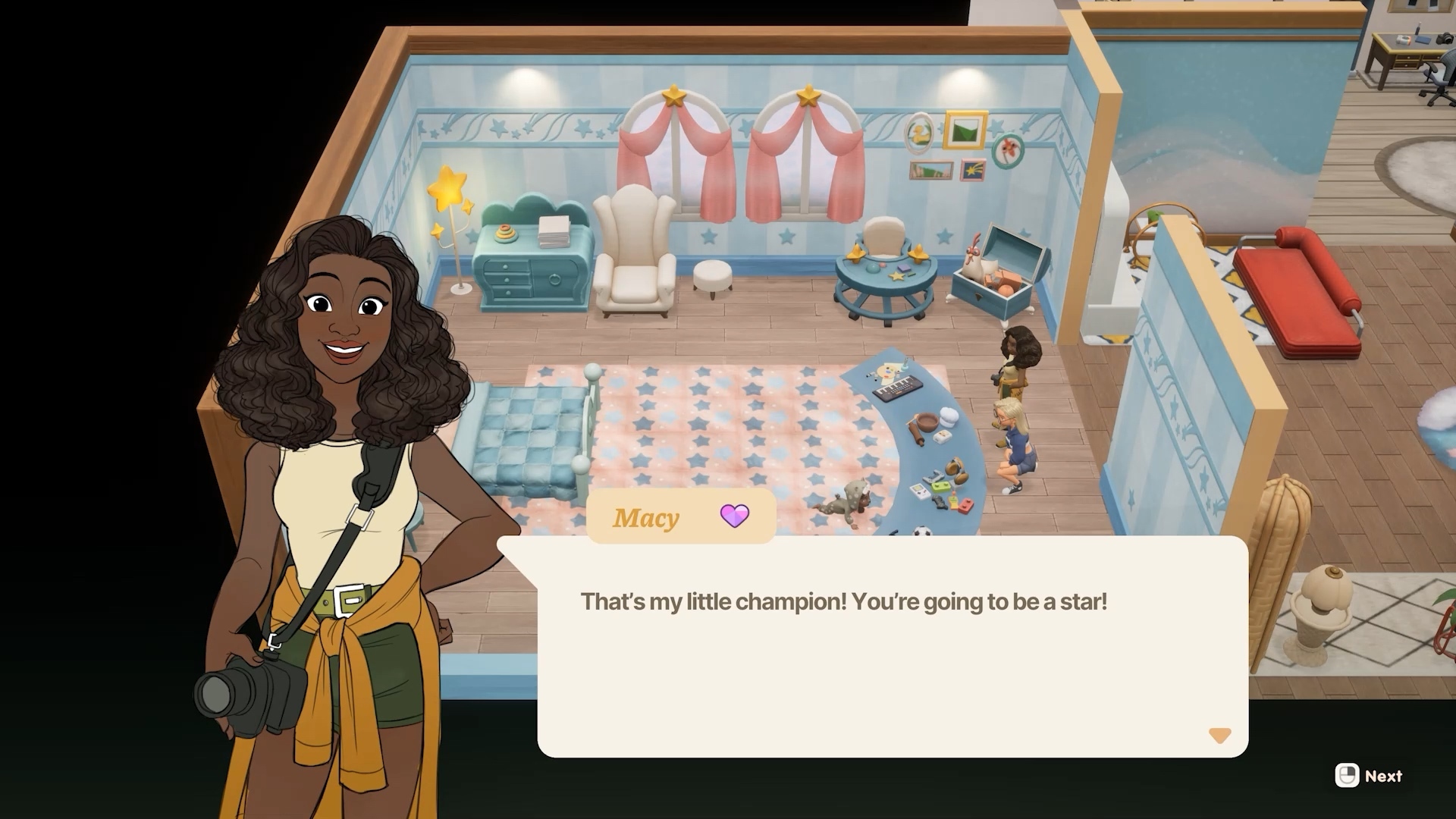 Macy, a curly-haired photographer with a camera strap, speaks in a dialogue box over a child