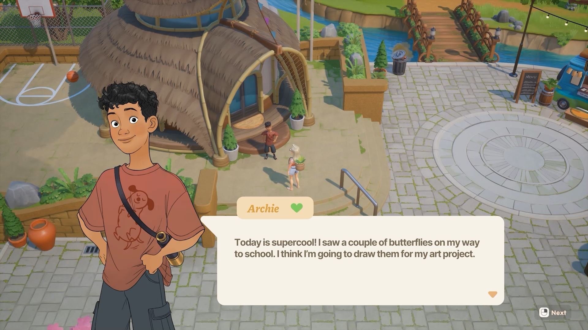 Archie, a curly-haired boy in an orange t-shirt with a telescope on his belt, talks about drawing butterflies for an art project in the Starlet Town square