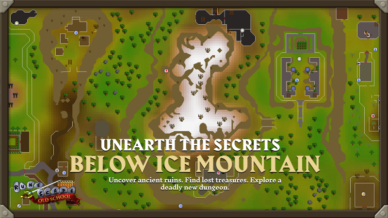 A map illustration highlights the area below Ice Mountain, with text emphasizing the exploration of ancient ruins, treasure hunting, and a new dungeon in Old School RuneScape.