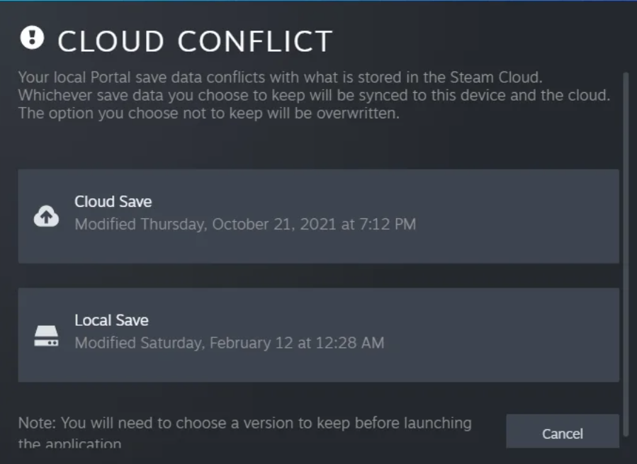 Steam 官方帮助中的 Portal 云存档冲突示例窗口,列出 Cloud Save 与 Local Save 及各自修改时间