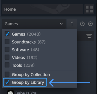 Valve screenshot showing the Group By Library option in the Steam game list