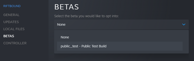 Chose "public_playtest" from the list. Steam will download this branch ...
