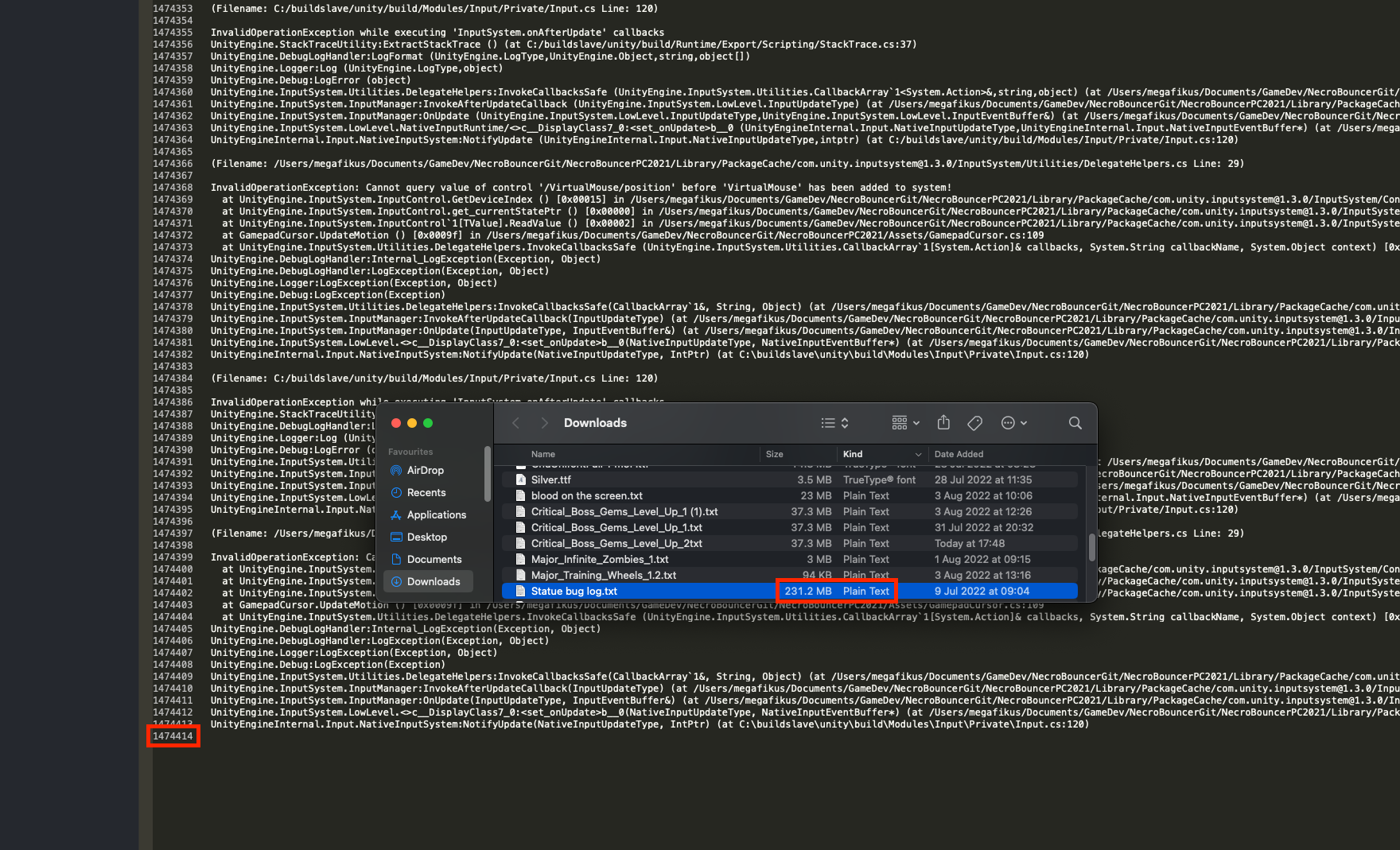 The actual size of one of the log files and the number of lines of info ...
