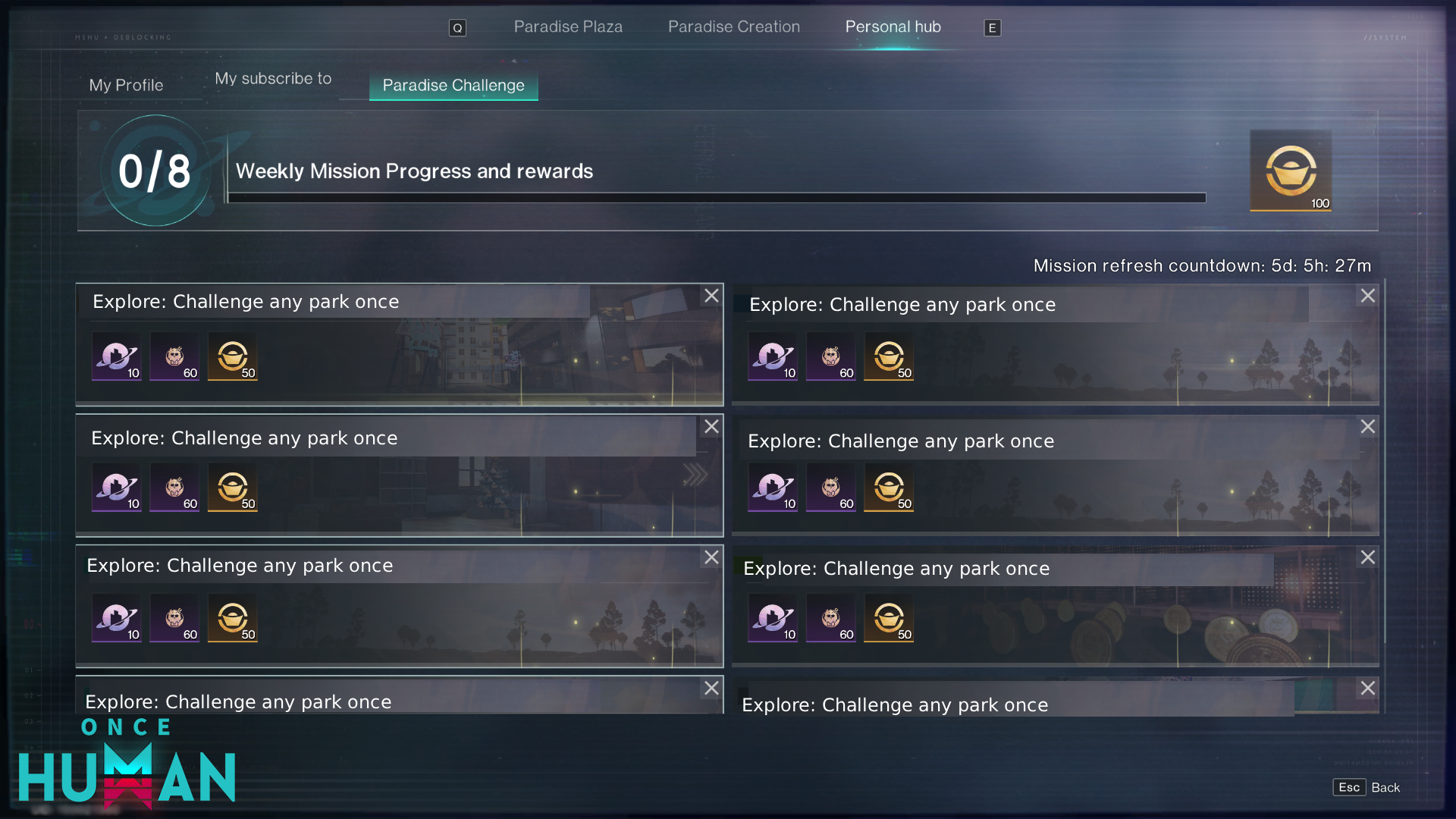 Personal hub challenges screen