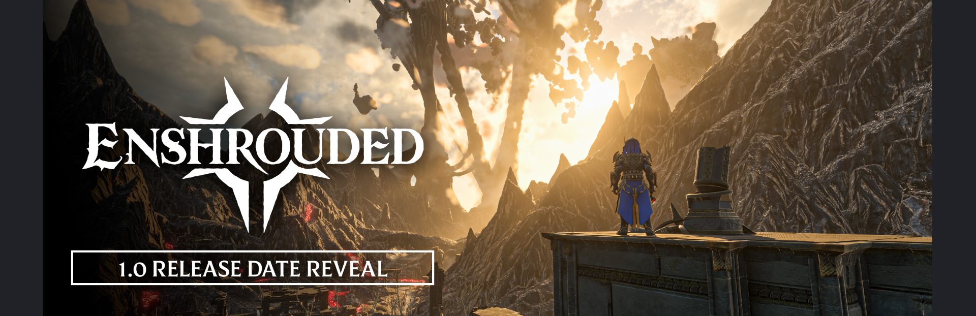 Enshrouded 1.0 key art: a Flameborn on a stone ledge above a valley