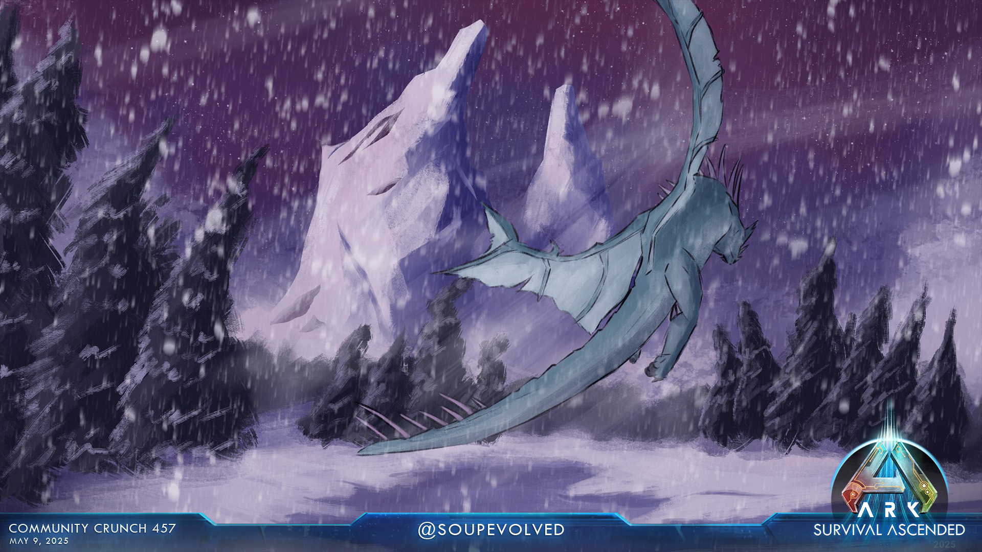 ARK: Survival Ascended Ice Wyvern fan art by SoupEvolved showing the majestic creature in flight