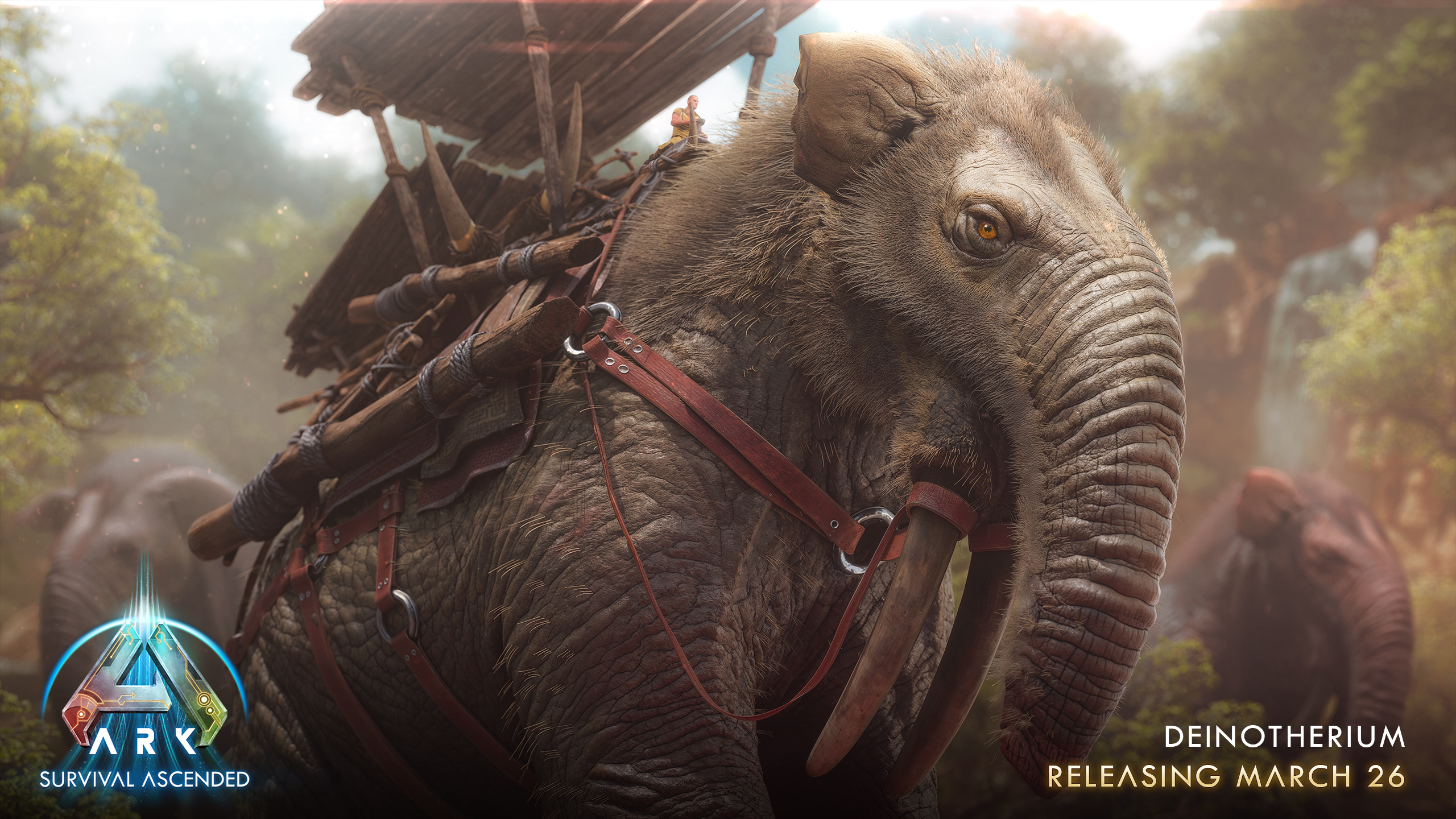Deinotherium creature showcase in ARK: Survival Ascended with its massive tusks and powerful stance