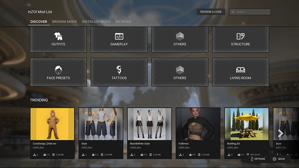 Inzoi in-game CurseForge interface showing mod discovery and installation