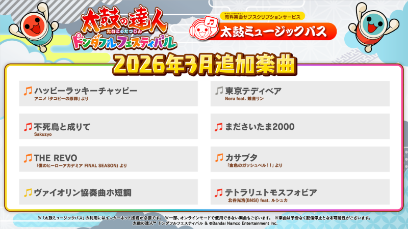 3月の太鼓ミュージックパス追加楽曲をご紹介♪