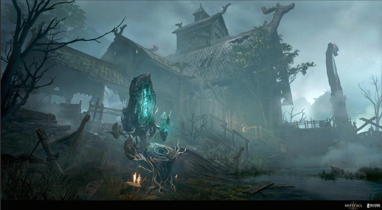 Concept art of a ruined timber settlement in heavy mist, with a glowing teal crystal set into a tree stump shrine in the foreground