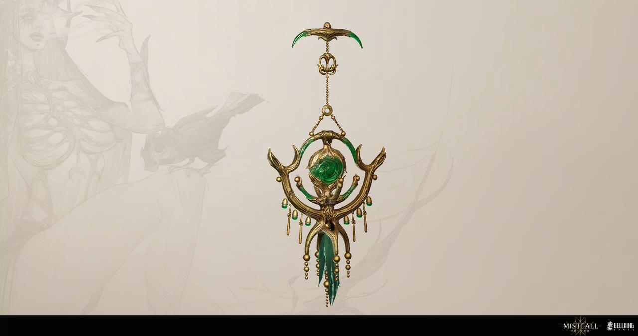 Concept art of an ornate gold weapon hung from a chain, branching like antlers around a green gemstone, with a second bladed piece above it