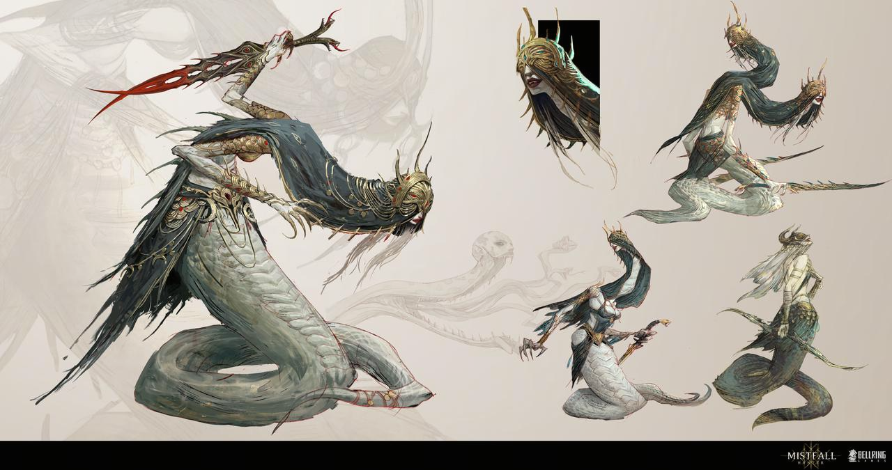 Concept art sheet for the Soulgnawer — a pale figure with a human face and a long serpentine lower body, shown in five poses with a separate head study