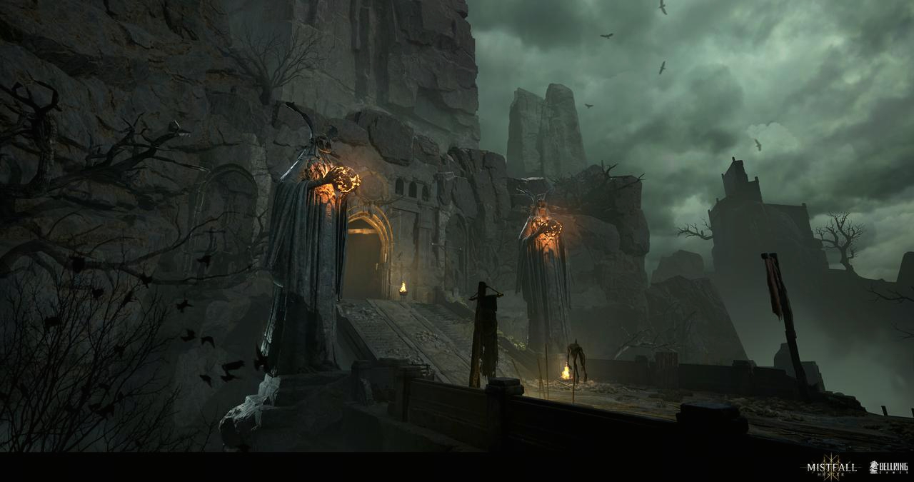 Concept art of a fortified gateway cut into a cliff face, flanked by two enormous hooded statues, with ravens circling under a storm sky