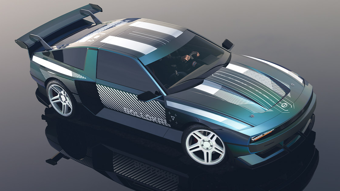 Grand Theft Auto V Bollokan Envisage sports car with dark green color and Full Futurism livery