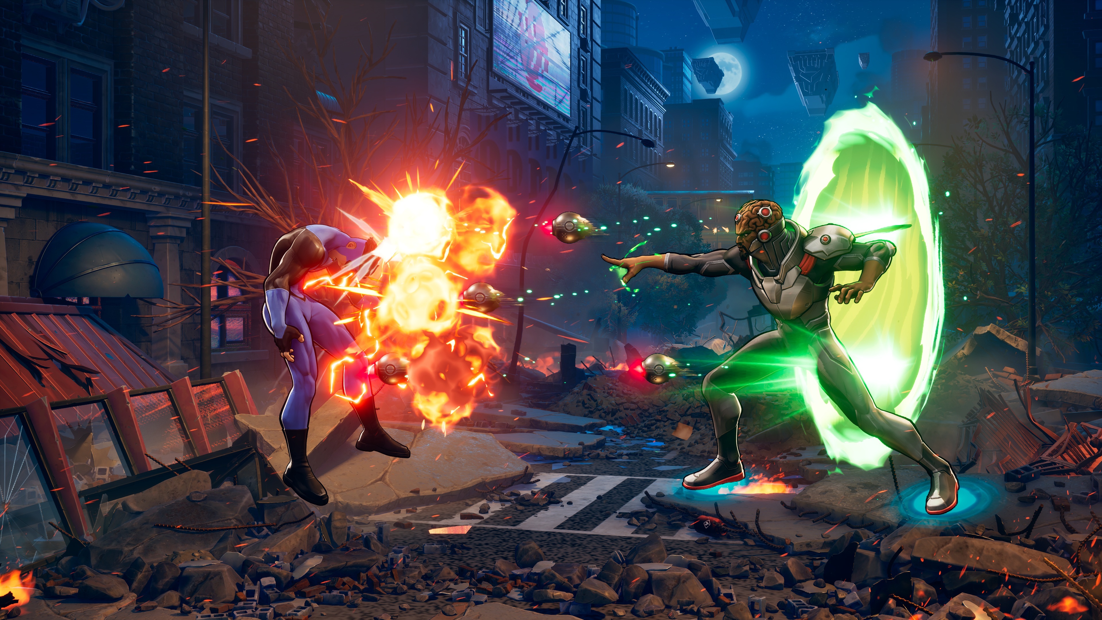 Angstrom Levy stands beside a glowing green portal in a ruined city street at night, firing orbs that explode against a purple-suited opponent