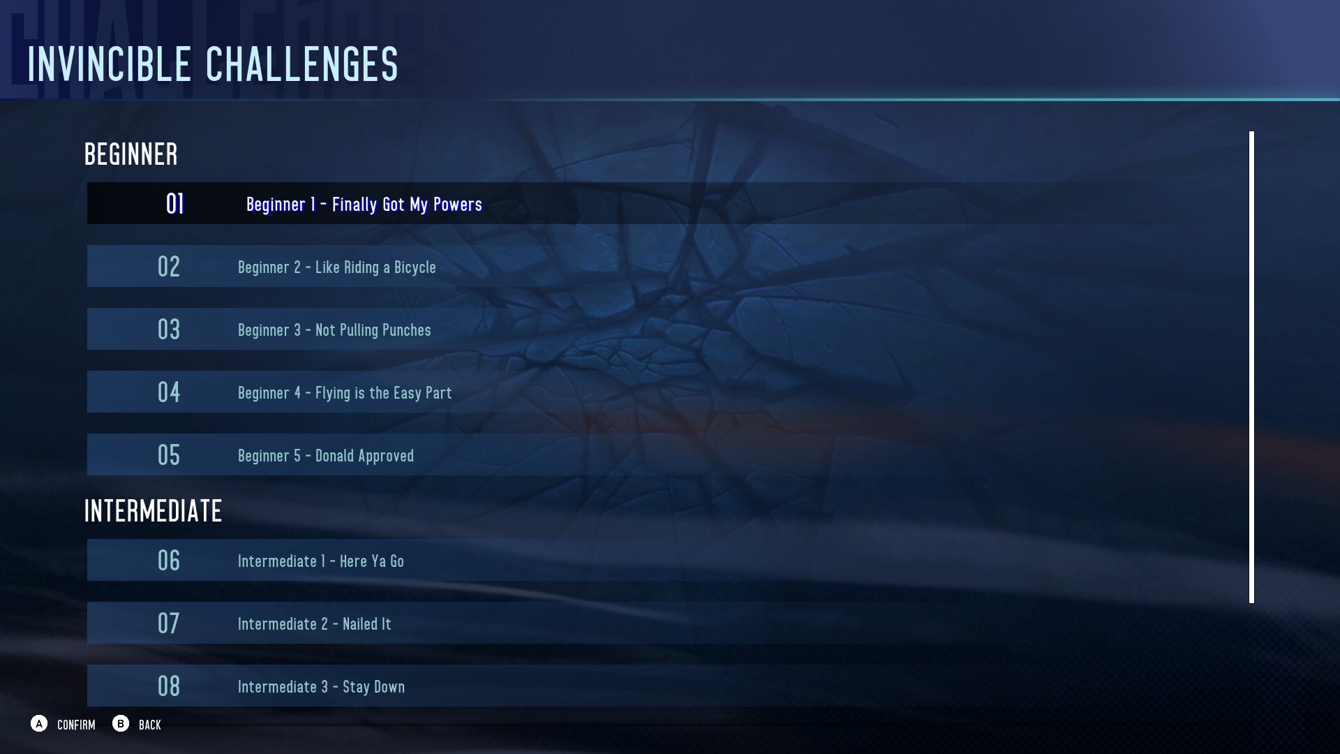 The Invincible Challenges menu listing five Beginner challenges and the first three Intermediate challenges for the character Invincible