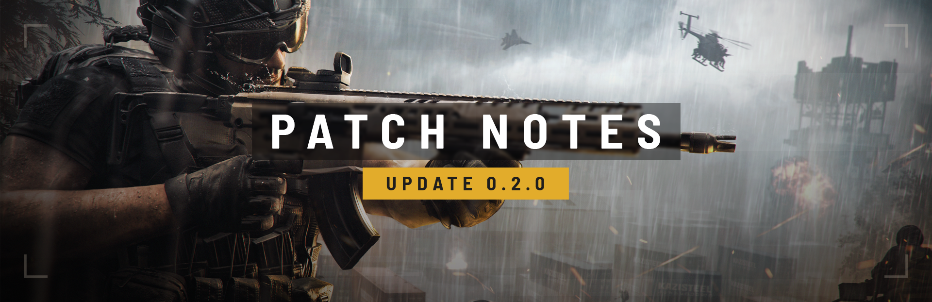 Un soldado con gafas apunta con un fusil bajo una lluvia intensa, con un helicóptero y un caza encima, bajo las palabras «Patch Notes, Update 0.2.0».