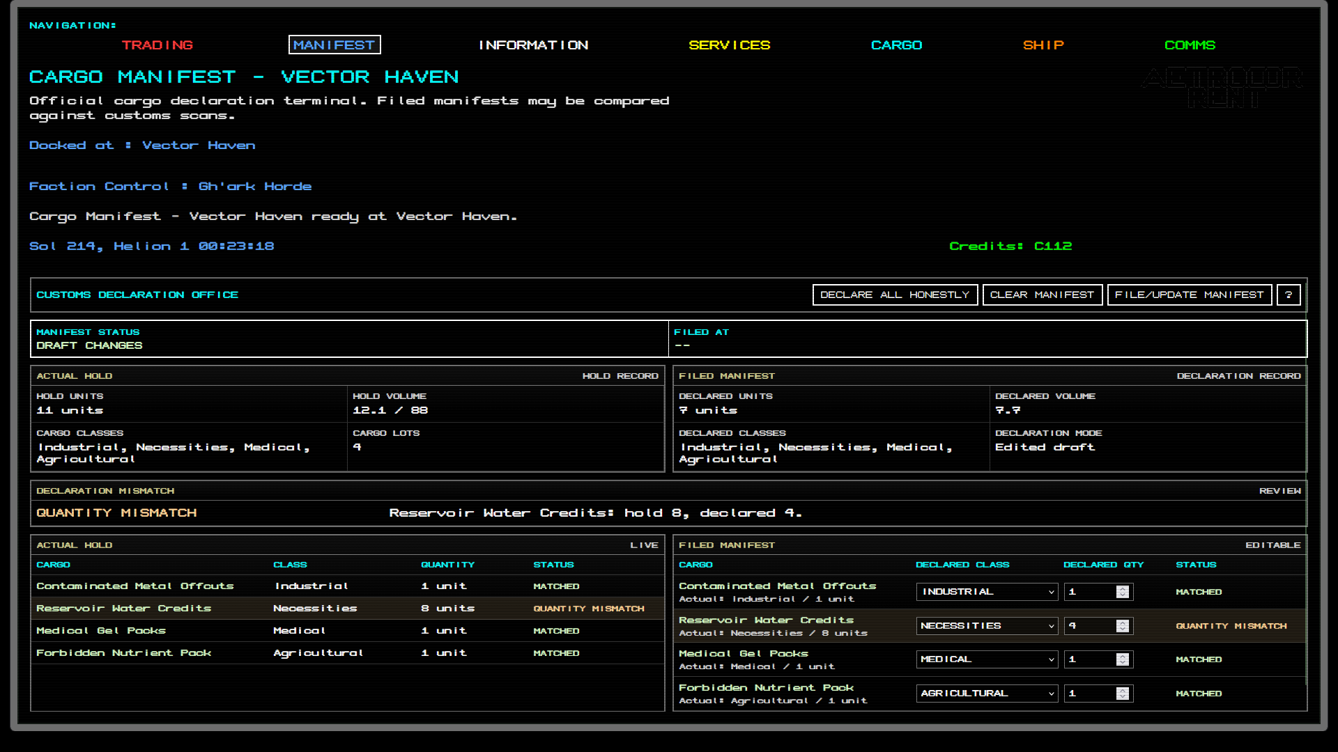 Manifest filing interface in VOID PROFIT