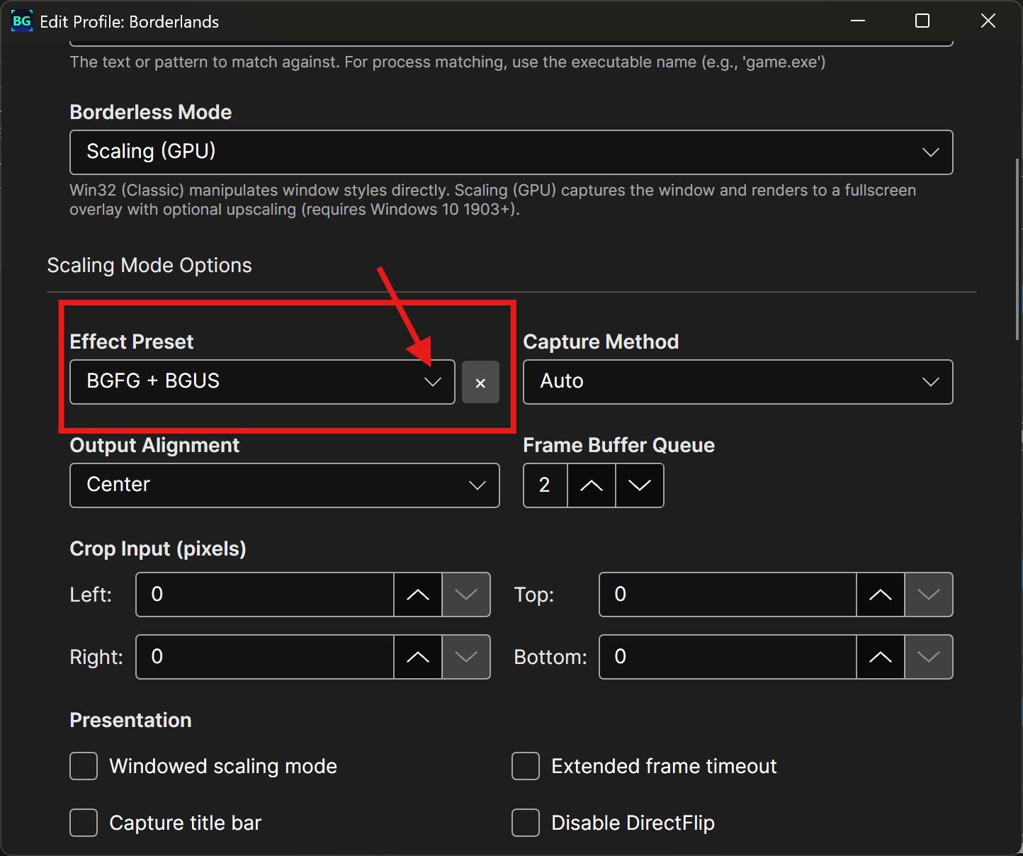 Borderless Gamingのプロファイル編集画面。Borderless ModeがScaling (GPU)、Effect PresetがBGFG + BGUSになっている