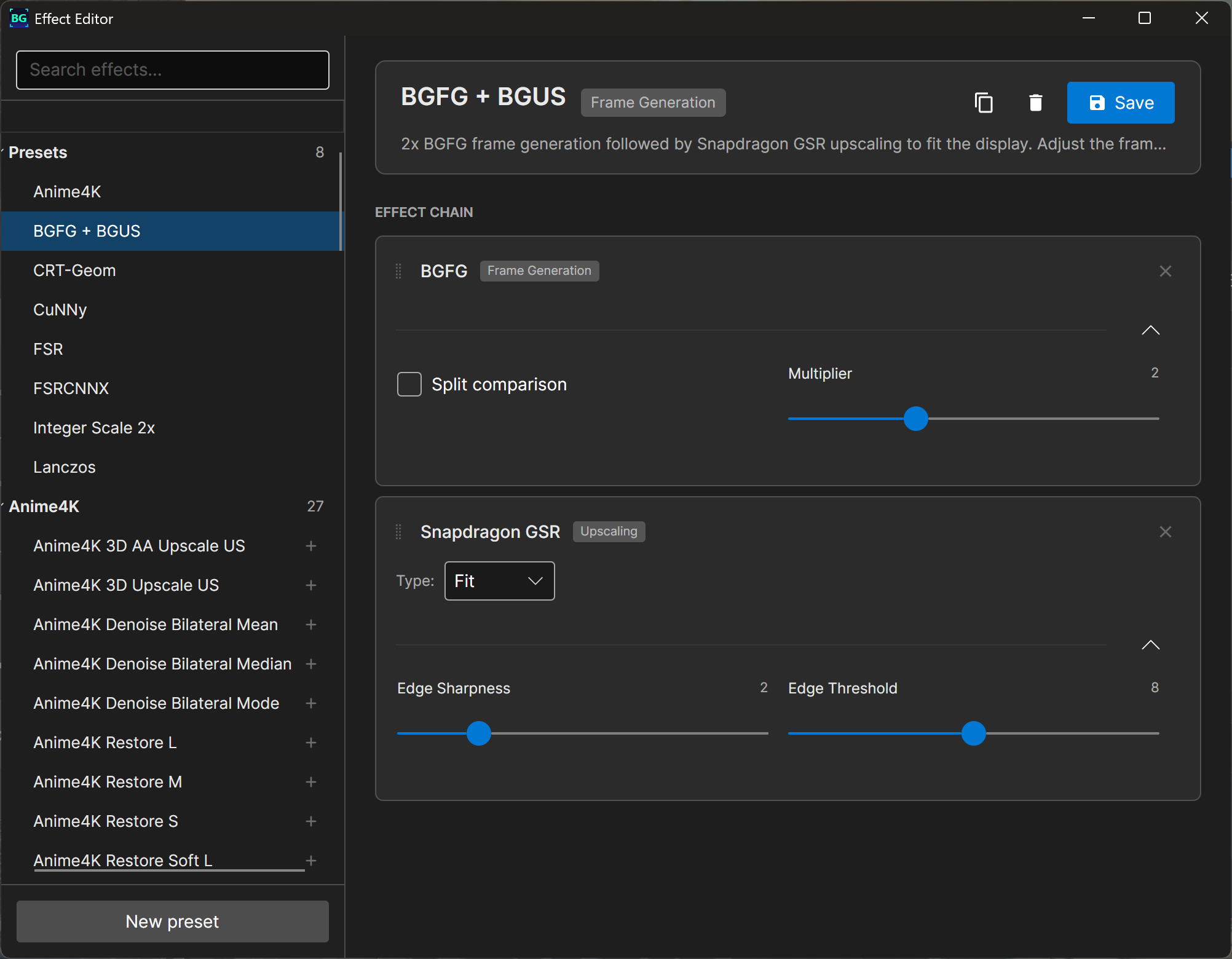 Borderless Gamingのエフェクトエディタ。BGFG + BGUSプリセットの中にBGFGとSnapdragon GSRが並んでいる